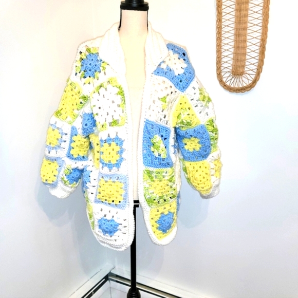 Crochet Boho Chunky Oversized Granny Square Pastel Handmade Blanket Cardigan - Picture 1 of 12